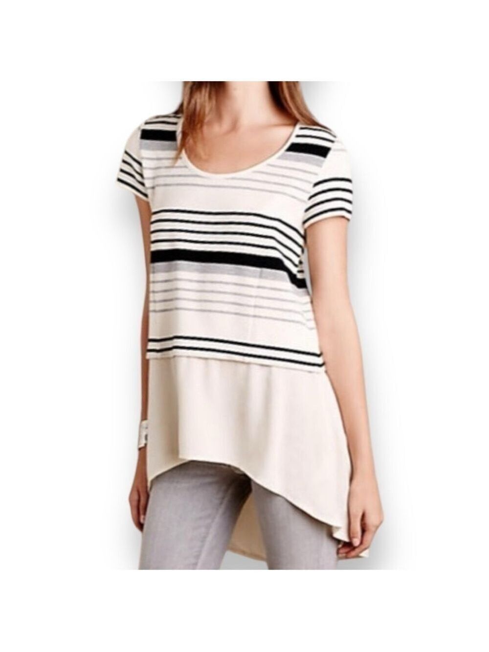 Anthropologie Deletta Black Cream Stripe Ribbed Hi-Low Top - Medium